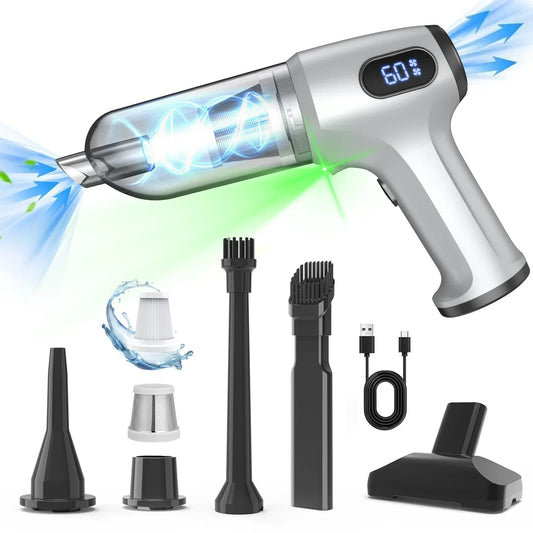 2-in-1 Cordless Handheld Vacuum & Air Duster - 12000Pa Suction, 70000 RPM, LED Light, USB-C Rechargeable(Silver) - Mekamart Australia