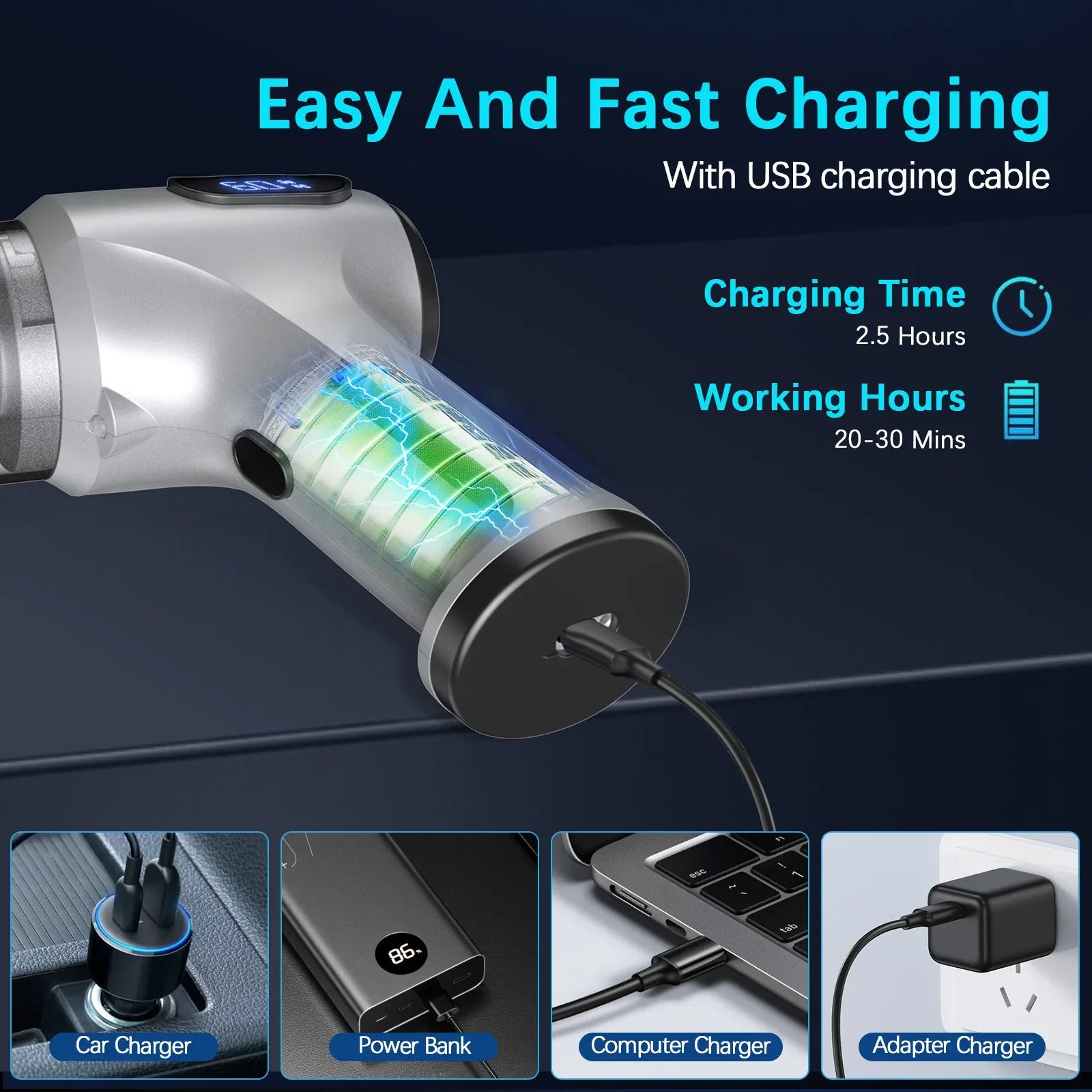 2-in-1 Cordless Handheld Vacuum & Air Duster - 12000Pa Suction, 70000 RPM, LED Light, USB-C Rechargeable(Silver) - Mekamart Australia