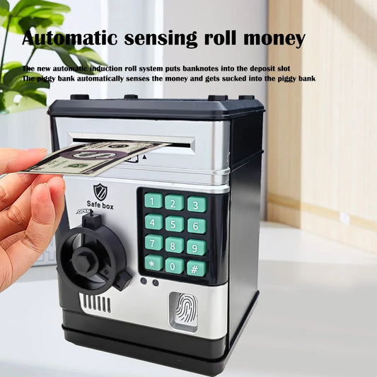 Electronic Piggy Bank Safe Box for Kids - Automatic Bill & Coin Bank with Password Protection, Music & Lights(black) - Mekamart Australia