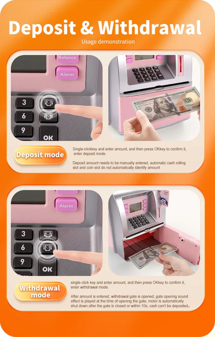 Kids Electronic ATM Savings Bank - Digital Piggy Bank with Password, Auto Roll-in Banknotes & Coin Slot for Financial Learning Fun(black) - Mekamart Australia