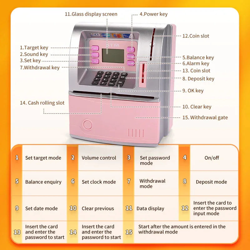 Kids Electronic ATM Savings Bank - Digital Piggy Bank with Password, Auto Roll-in Banknotes & Coin Slot for Financial Learning Fun(pink) - Mekamart Australia