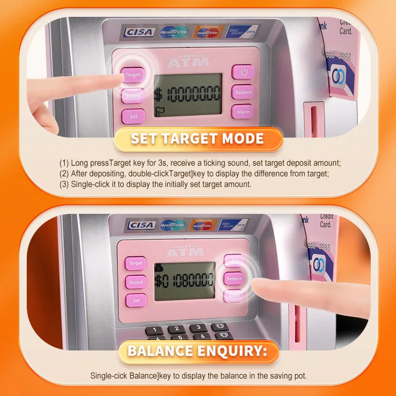 Kids Electronic ATM Savings Bank - Digital Piggy Bank with Password, Auto Roll-in Banknotes & Coin Slot for Financial Learning Fun(pink) - Mekamart Australia
