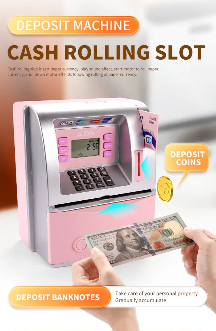 Kids Electronic ATM Savings Bank - Digital Piggy Bank with Password, Auto Roll-in Banknotes & Coin Slot for Financial Learning Fun(pink) - Mekamart Australia
