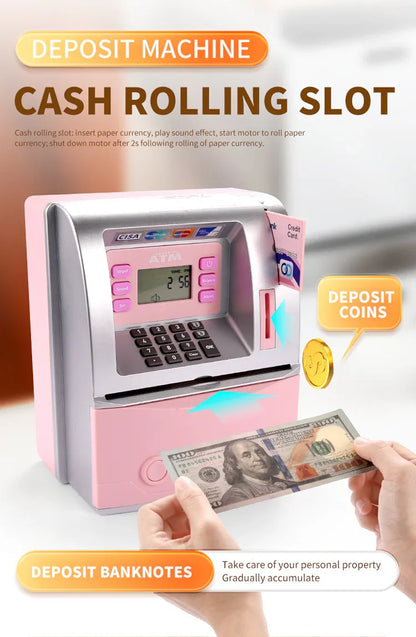 Kids Electronic ATM Savings Bank - Digital Piggy Bank with Password, Auto Roll-in Banknotes & Coin Slot for Financial Learning Fun(pink) - Mekamart Australia