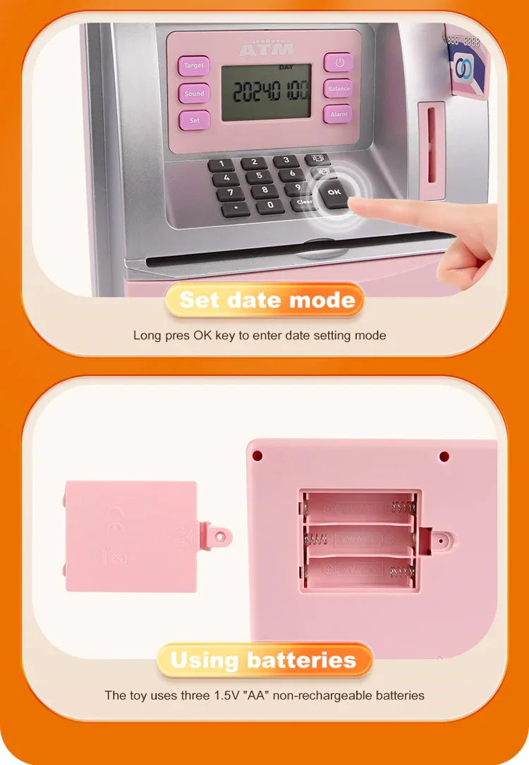 Kids Electronic ATM Savings Bank - Digital Piggy Bank with Password, Auto Roll-in Banknotes & Coin Slot for Financial Learning Fun(pink) - Mekamart Australia