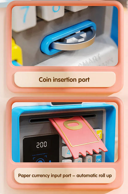 Kids Electronic ATM Piggy Bank with Simulated Facial Recognition & Password - Auto Roll-in Banknote & Coin Money Box for Financial Learning(blue) - Mekamart Australia