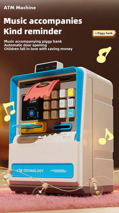 Kids Electronic ATM Piggy Bank with Simulated Facial Recognition & Password - Auto Roll-in Banknote & Coin Money Box for Financial Learning(blue) - Mekamart Australia