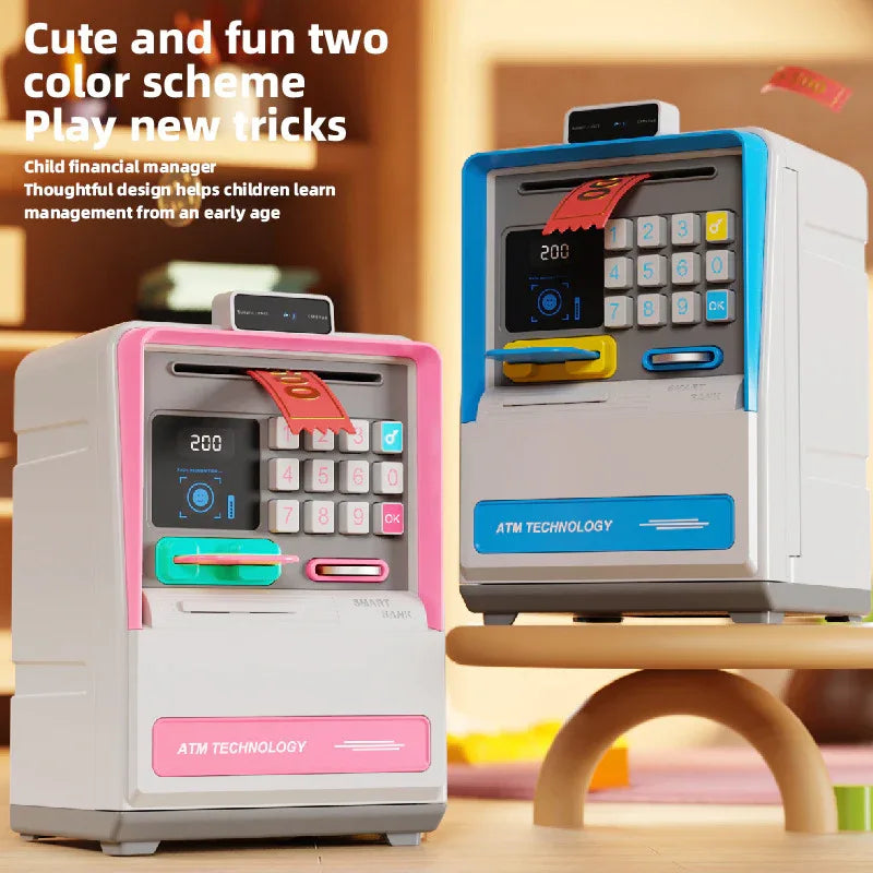 Kids Electronic ATM Piggy Bank with Simulated Facial Recognition & Password - Auto Roll-in Banknote & Coin Money Box for Financial Learning(pink) - Mekamart Australia