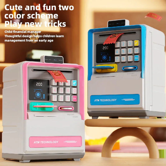 Kids Electronic ATM Piggy Bank with Simulated Facial Recognition & Password - Auto Roll-in Banknote & Coin Money Box for Financial Learning(pink) - Mekamart Australia