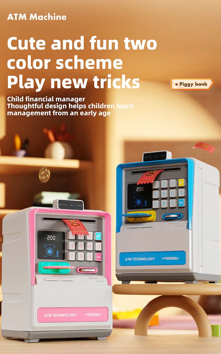 Kids Electronic ATM Piggy Bank with Simulated Facial Recognition & Password - Auto Roll-in Banknote & Coin Money Box for Financial Learning(pink) - Mekamart Australia
