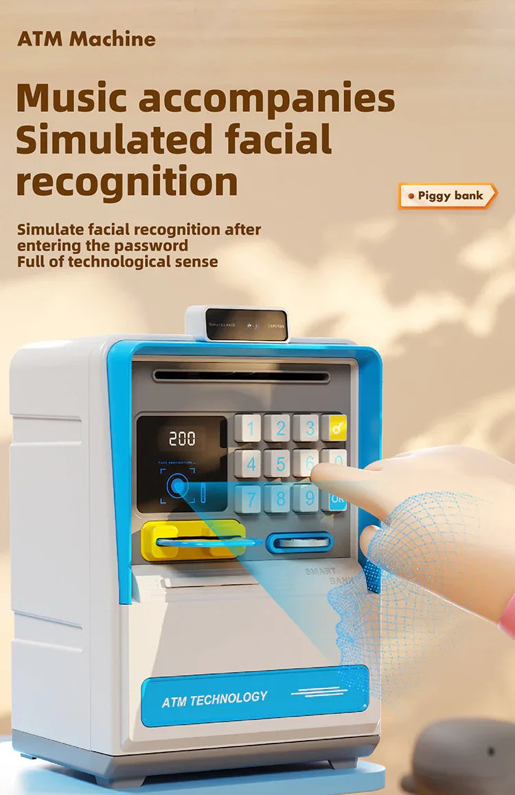 Kids Electronic ATM Piggy Bank with Simulated Facial Recognition & Password - Auto Roll-in Banknote & Coin Money Box for Financial Learning(pink) - Mekamart Australia