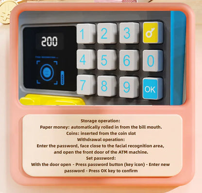 Kids Electronic ATM Piggy Bank with Simulated Facial Recognition & Password - Auto Roll-in Banknote & Coin Money Box for Financial Learning(pink) - Mekamart Australia