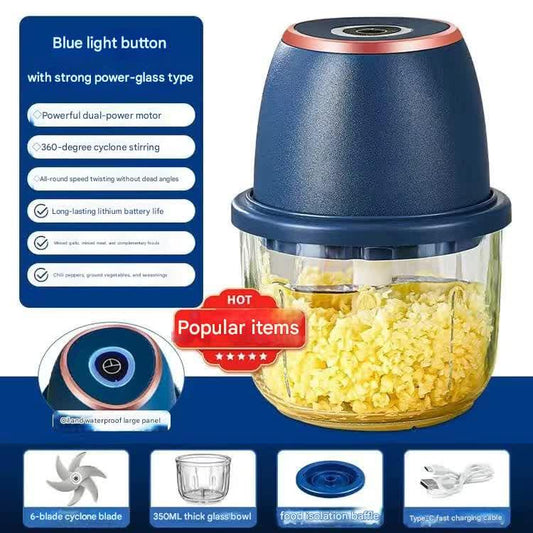 Electric Mini Garlic Chopper with Glass Bowl - USB Rechargeable, 6 Blades, Large Capacity(blue) - Mekamart Australia
