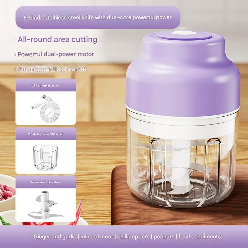 Powerful Mini Electric Food Chopper - USB Rechargeable Cordless Garlic & Meat Mincer(purple 320ml + 6-blade knife) - Mekamart Australia