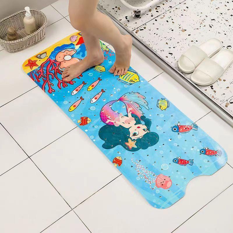 Non-Slip PVC Bath & Shower Mat with Suction Cups and Drainage Holes - Cartoon Ocean Theme(Dark-haired Mermaid) - Mekamart Australia