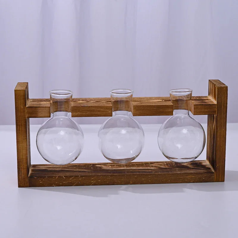 Brown Desktop Plant Propagation Station - Rustic Wooden Stand with 3 Glass Bulb Vases for Hydroponics & Cuttings - Mekamart Australia