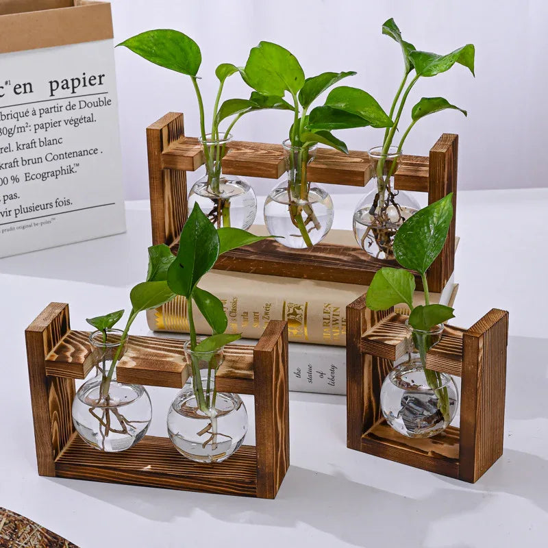 Brown Desktop Plant Propagation Station - Rustic Wooden Stand with 3 Glass Bulb Vases for Hydroponics & Cuttings - Mekamart Australia