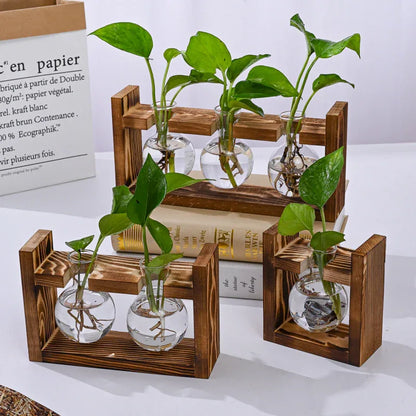 Brown Desktop Plant Propagation Station - Rustic Wooden Stand with 3 Glass Bulb Vases for Hydroponics & Cuttings - Mekamart Australia