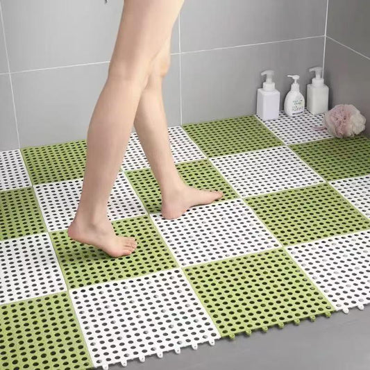 White And Green DIY Interlocking Non-Slip Floor Tiles - 18-Pack PVC Drainage Mat for Shower & Bathroom Safety - Mekamart Australia