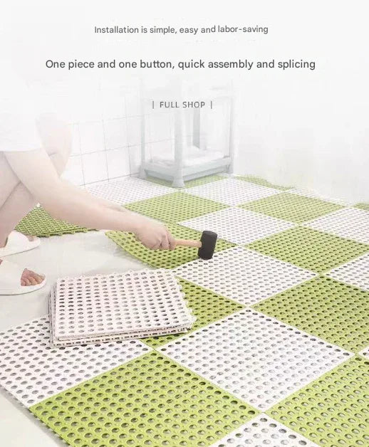 White And Green DIY Interlocking Non-Slip Floor Tiles - 18-Pack PVC Drainage Mat for Shower & Bathroom Safety - Mekamart Australia