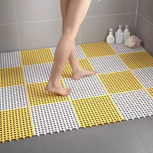 White And Yellow DIY Interlocking Non-Slip Floor Tiles - 18-Pack PVC Drainage Mat for Shower & Bathroom Safety - Mekamart Australia