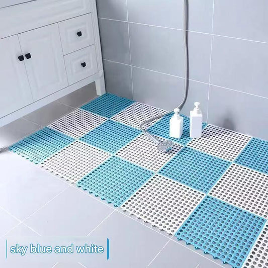 Sky Blue And White DIY Interlocking Non-Slip Floor Tiles - 18-Pack PVC Drainage Mat for Shower & Bathroom Safety - Mekamart Australia