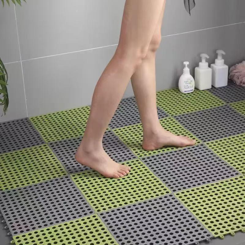 Grey And Green DIY Interlocking Non-Slip Floor Tiles - 18-Pack PVC Drainage Mat for Shower & Bathroom Safety - Mekamart Australia