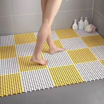 White And Yellow DIY Interlocking Non-Slip Floor Tiles - 12-Pack PVC Drainage Mat for Shower & Bathroom Safety - Mekamart Australia