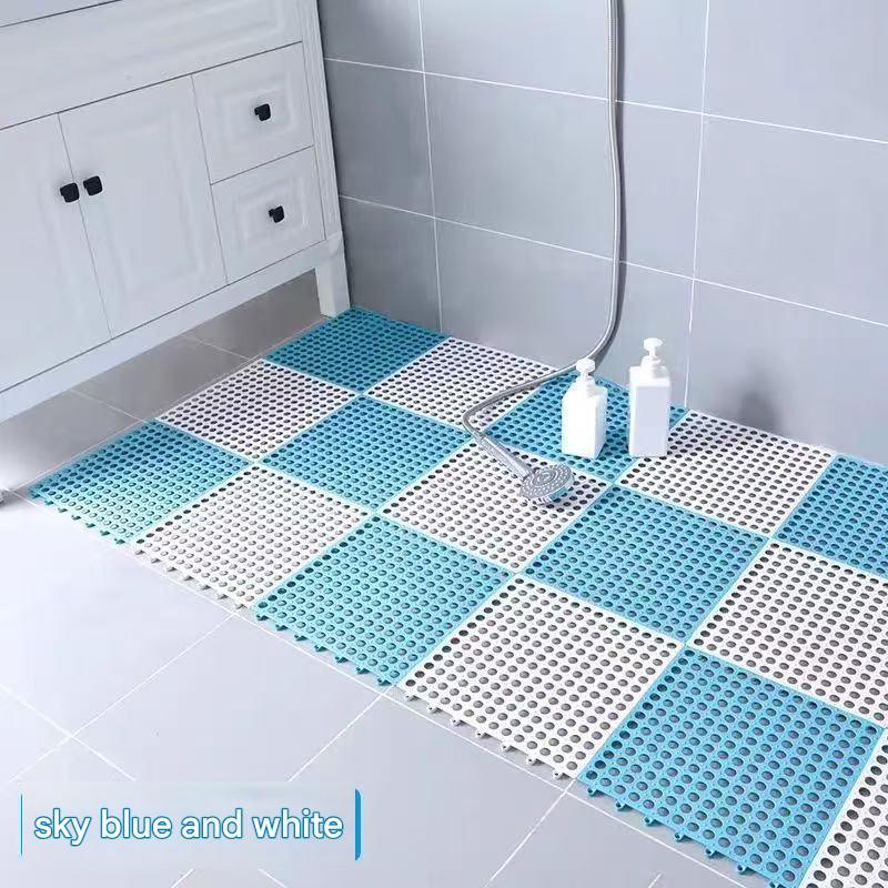 Sky Blue And White DIY Interlocking Non-Slip Floor Tiles - 12-Pack PVC Drainage Mat for Shower & Bathroom Safety - Mekamart Australia
