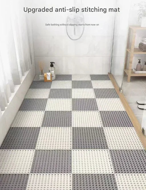 Grey And Green DIY Interlocking Non-Slip Floor Tiles - 12-Pack PVC Drainage Mat for Shower & Bathroom Safety - Mekamart Australia
