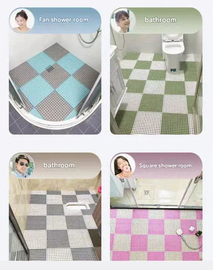 Grey And Green DIY Interlocking Non-Slip Floor Tiles - 12-Pack PVC Drainage Mat for Shower & Bathroom Safety - Mekamart Australia