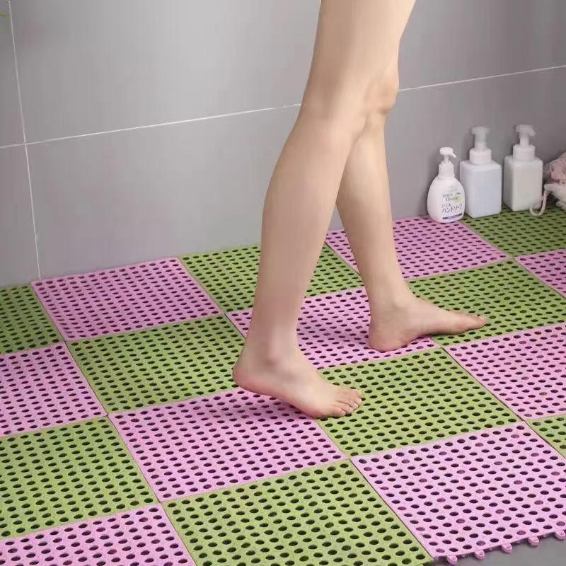 Green And Pink DIY Interlocking Non-Slip Floor Tiles - 12-Pack PVC Drainage Mat for Shower & Bathroom Safety - Mekamart Australia