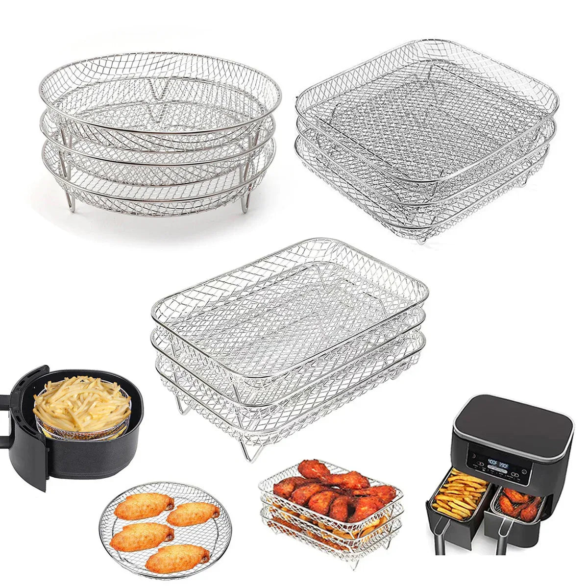 Silver 3-Pack Stackable Air fryer Racks - Food Grade Stainless Steel Multi-Layer Dehydrator & Crisper Tray Accessory - Mekamart Australia
