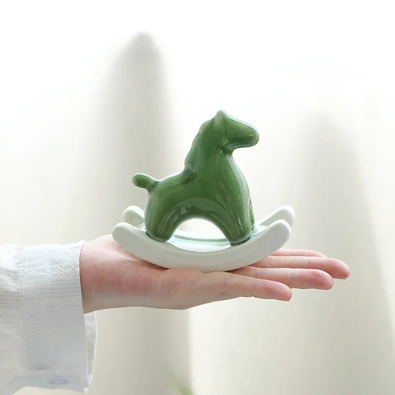 Green Modern Ceramic Rocking Horse Ornament - Cute Porcelain Figurine for Desk & Shelf Decor - Mekamart Australia