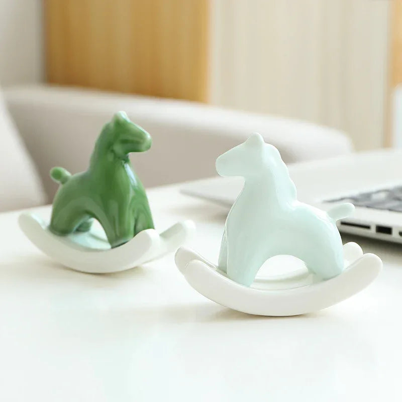 Green Modern Ceramic Rocking Horse Ornament - Cute Porcelain Figurine for Desk & Shelf Decor - Mekamart Australia