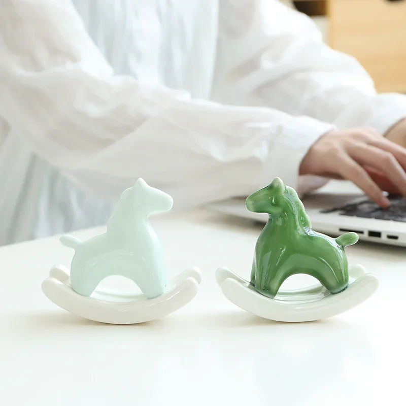 Light Green Modern Ceramic Rocking Horse Ornament - Cute Porcelain Figurine for Desk & Shelf Decor - Mekamart Australia