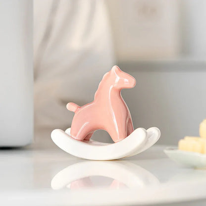 Pink Modern Ceramic Rocking Horse Ornament - Cute Porcelain Figurine for Desk & Shelf Decor - Mekamart Australia