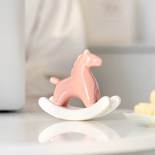 Pink Modern Ceramic Rocking Horse Ornament - Cute Porcelain Figurine for Desk & Shelf Decor - Mekamart Australia