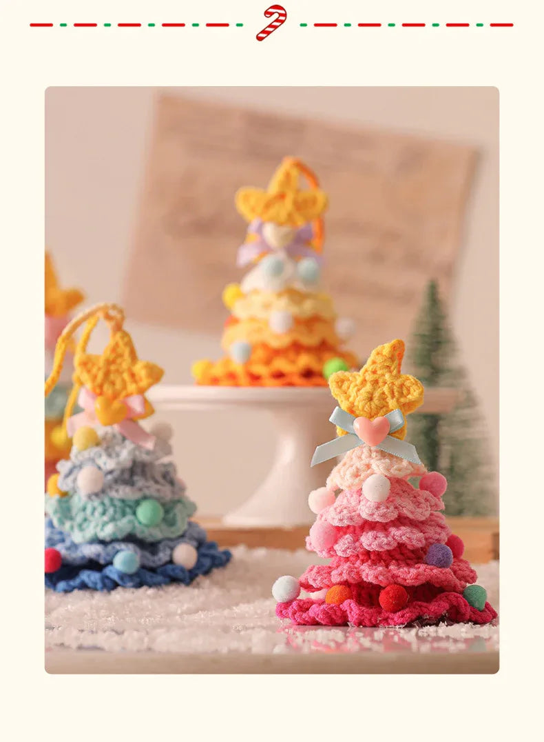 2 Pcs Style A Yellow and Pink Handmade Crochet Christmas Tree Ornament - Festive Hanging Decoration with Jingle Bell - Mekamart Australia