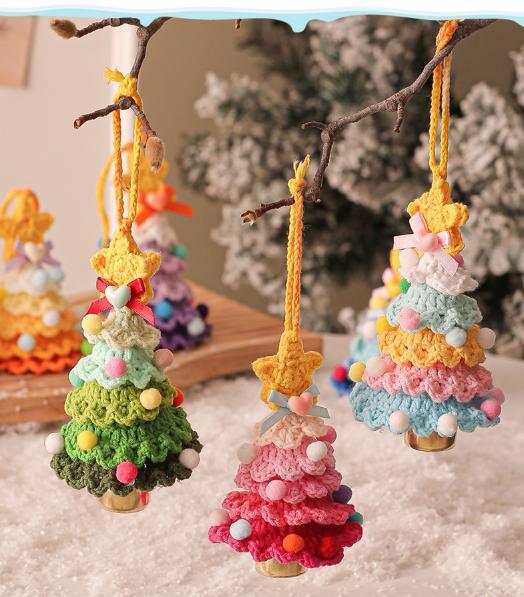 2 Pcs Style C Yellow and Green Handmade Crochet Christmas Tree Ornament - Festive Hanging Decoration with Jingle Bell - Mekamart Australia