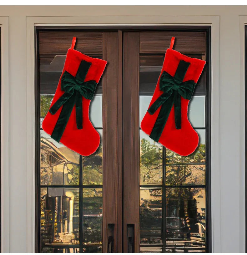 2 Pcs Red Stitching White Bow Luxurious Velvet Christmas Stocking with Elegant Bow - Large 45cm Holiday Mantel Decoration - Mekamart Australia