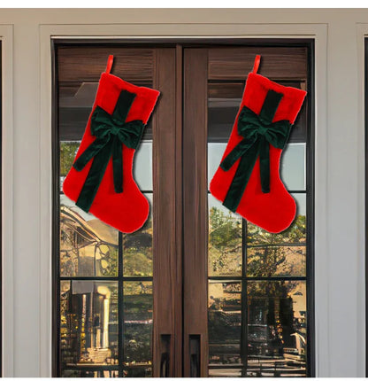 2 Pcs Red Stitching Green Bow Luxurious Velvet Christmas Stocking with Elegant Bow - Large 45cm Holiday Mantel Decoration - Mekamart Australia