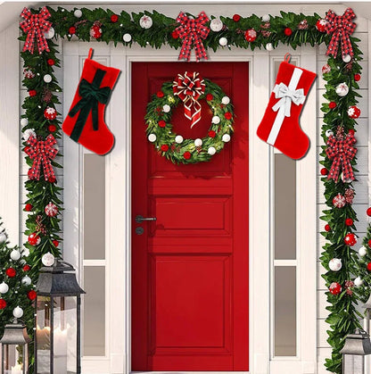 2 Pcs Red Stitching Green Bow Luxurious Velvet Christmas Stocking with Elegant Bow - Large 45cm Holiday Mantel Decoration - Mekamart Australia