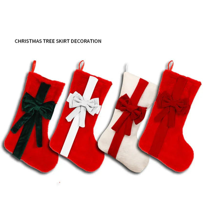 2 Pcs Red Stitching Green Bow Luxurious Velvet Christmas Stocking with Elegant Bow - Large 45cm Holiday Mantel Decoration - Mekamart Australia
