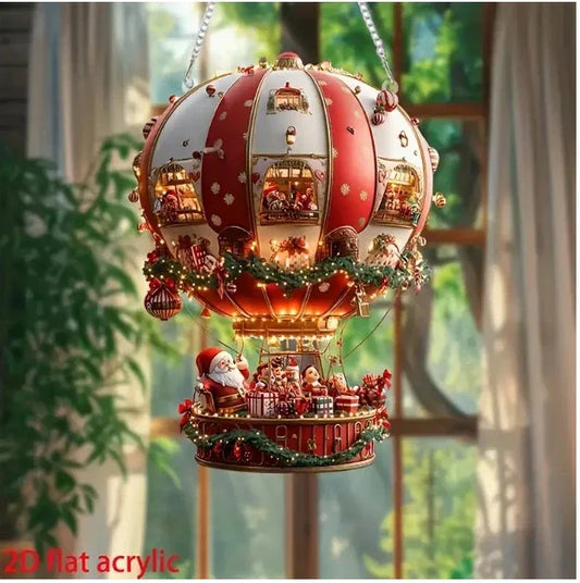Red Whimsical Santa's Hot Air Balloon Ornament - 2D Flat Acrylic Hanging Decoration for Wall & Tree - Mekamart Australia