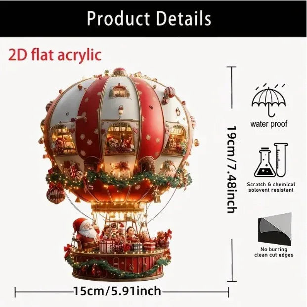 Red Whimsical Santa's Hot Air Balloon Ornament - 2D Flat Acrylic Hanging Decoration for Wall & Tree - Mekamart Australia