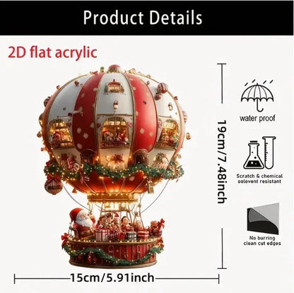 Red Whimsical Santa's Hot Air Balloon Ornament - 2D Flat Acrylic Hanging Decoration for Wall & Tree - Mekamart Australia