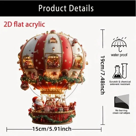 Red Whimsical Santa's Hot Air Balloon Ornament - 2D Flat Acrylic Hanging Decoration for Wall & Tree - Mekamart Australia