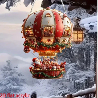 Red Whimsical Santa's Hot Air Balloon Ornament - 2D Flat Acrylic Hanging Decoration for Wall & Tree - Mekamart Australia