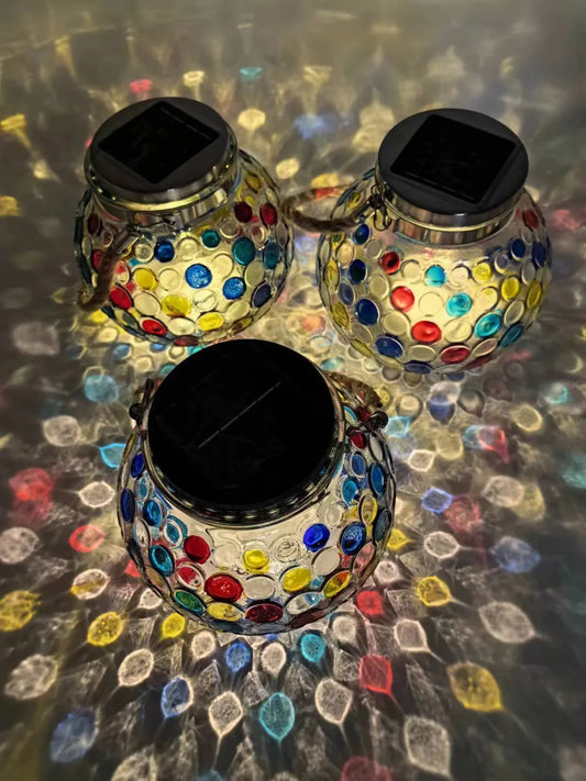 Colorful Warm Light Mosaic Solar Lantern - Decorative Stained Glass Jar Light for Garden Patio and Tabletop Decor - Mekamart Australia